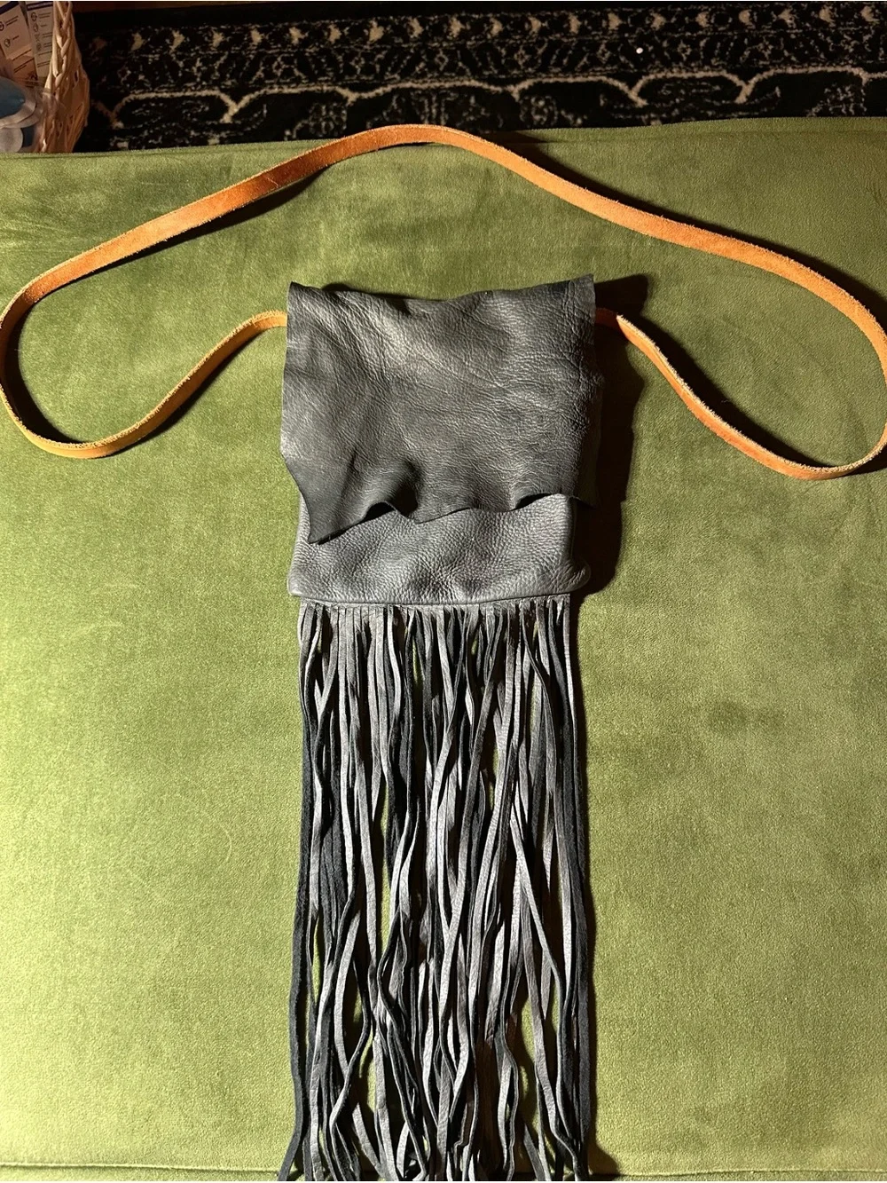 Black Leather Fringe Crossbody Bag with Tan Strap